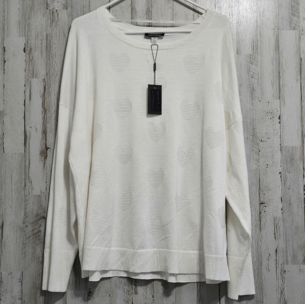 Cable & Gauge Off White Cream Long Sleeve Crewneck Heart Sweater Plus Size 2X
